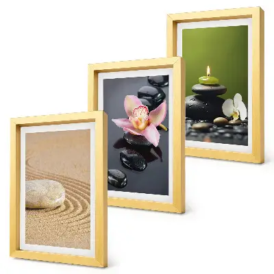 Tríptico com moldura motivos zen e pedras relaxantes