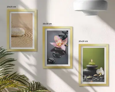 Tríptico com moldura motivos zen e pedras relaxantes