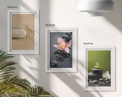 Tríptico com moldura motivos zen e pedras relaxantes