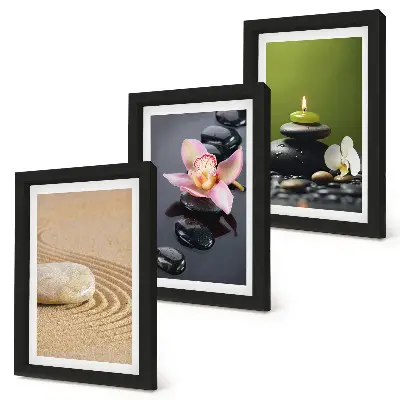 Tríptico com moldura motivos zen e pedras relaxantes