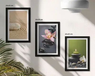 Tríptico com moldura motivos zen e pedras relaxantes