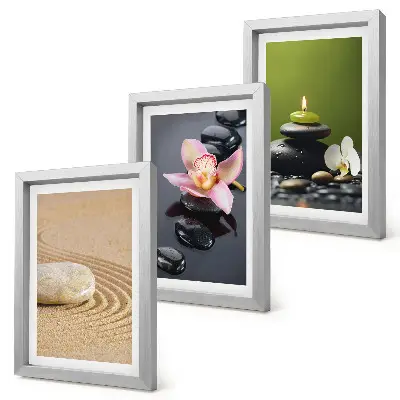 Tríptico com moldura motivos zen e pedras relaxantes