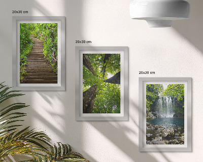 Conjunto de 3 quadros decorativos Trilha na floresta com cachoeira e vegetação verdejante.