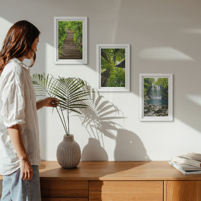 Conjunto de 3 quadros decorativos Trilha na floresta com cachoeira e vegetação verdejante.