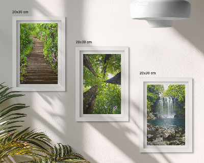 Conjunto de 3 quadros decorativos Trilha na floresta com cachoeira e vegetação verdejante.