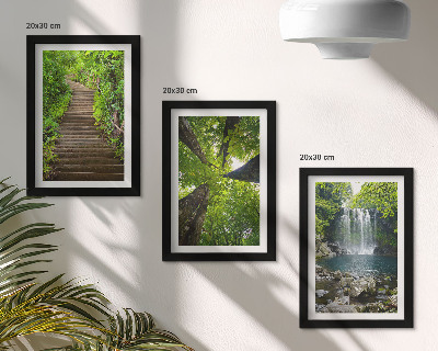 Conjunto de 3 quadros decorativos Trilha na floresta com cachoeira e vegetação verdejante.
