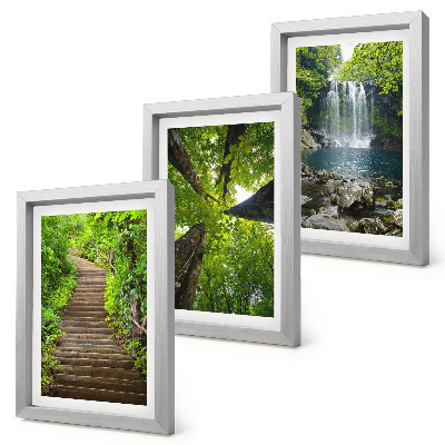 Conjunto de 3 quadros decorativos Trilha na floresta com cachoeira e vegetação verdejante.
