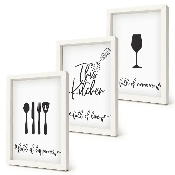 Conjunto de 3 quadros decorativos com estampas de utensílios de cozinha e inscrições temáticas