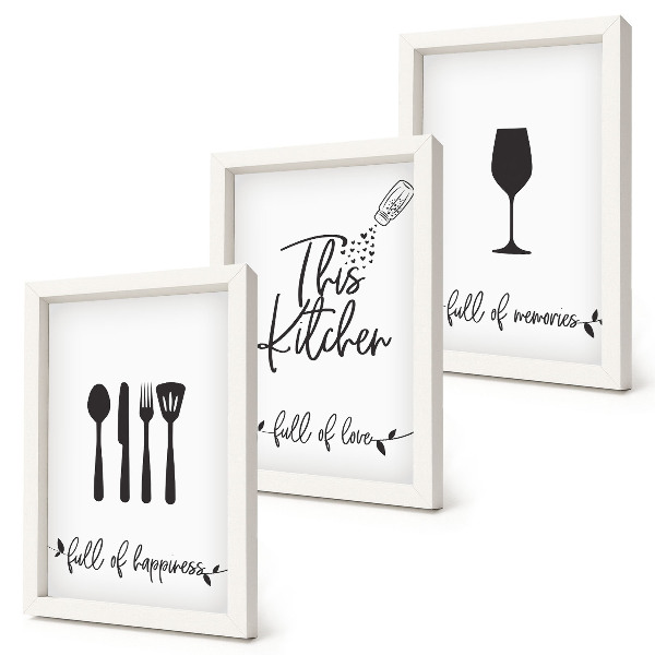 Conjunto de 3 quadros decorativos Padrões de utensílios de cozinha com inscrições para a cozinha