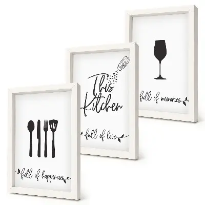 Conjunto de 3 quadros decorativos com estampas de utensílios de cozinha e inscrições temáticas