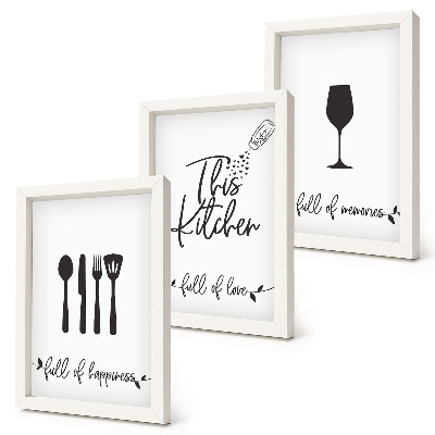 Conjunto de 3 quadros decorativos Padrões de utensílios de cozinha com inscrições para a cozinha