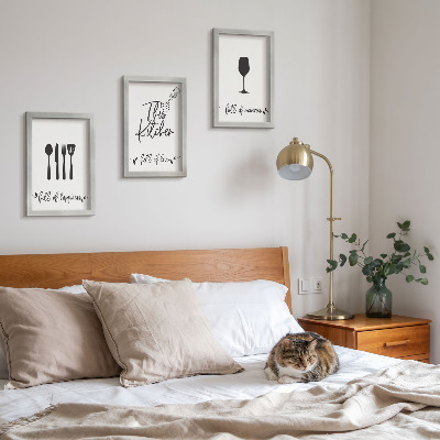 Conjunto de 3 quadros decorativos Padrões de utensílios de cozinha com inscrições para a cozinha
