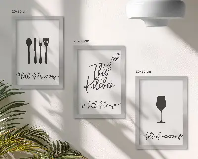 Conjunto de 3 quadros decorativos com estampas de utensílios de cozinha e inscrições temáticas