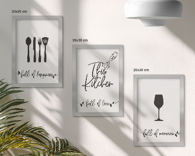 Conjunto de 3 quadros decorativos Padrões de utensílios de cozinha com inscrições para a cozinha