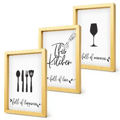 Conjunto de 3 quadros decorativos com estampas de utensílios de cozinha e inscrições temáticas