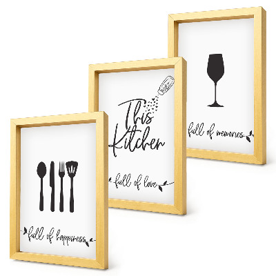 Conjunto de 3 quadros decorativos Padrões de utensílios de cozinha com inscrições para a cozinha