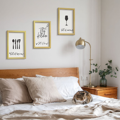 Conjunto de 3 quadros decorativos Padrões de utensílios de cozinha com inscrições para a cozinha