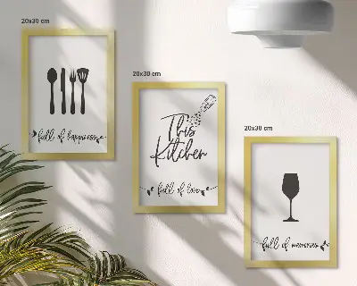 Conjunto de 3 quadros decorativos com estampas de utensílios de cozinha e inscrições temáticas