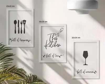 Conjunto de 3 quadros decorativos com estampas de utensílios de cozinha e inscrições temáticas
