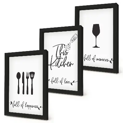 Conjunto de 3 quadros decorativos com estampas de utensílios de cozinha e inscrições temáticas