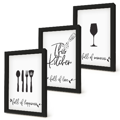 Conjunto de 3 quadros decorativos Padrões de utensílios de cozinha com inscrições para a cozinha