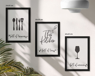 Conjunto de 3 quadros decorativos Padrões de utensílios de cozinha com inscrições para a cozinha