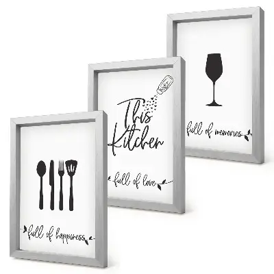 Conjunto de 3 quadros decorativos com estampas de utensílios de cozinha e inscrições temáticas