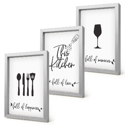 Conjunto de 3 quadros decorativos Padrões de utensílios de cozinha com inscrições para a cozinha