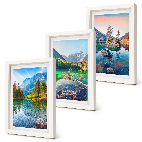 Conjunto de molduras com imagens Lagos de montanha com água e paisagens naturais circundantes.