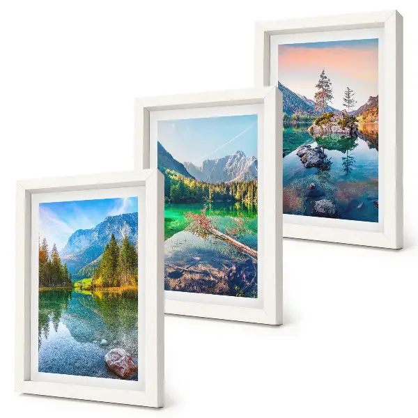 Conjunto de quadros com imagens lagos de montanha com águas e paisagens naturais