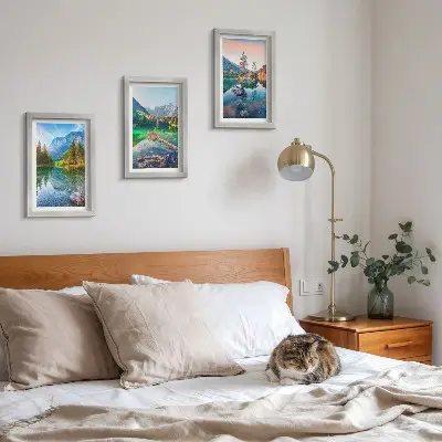 Conjunto de quadros com imagens lagos de montanha com águas e paisagens naturais