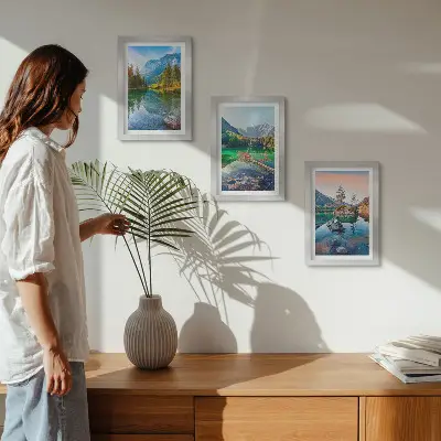 Conjunto de quadros com imagens lagos de montanha com águas e paisagens naturais