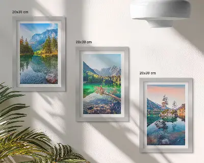 Conjunto de quadros com imagens lagos de montanha com águas e paisagens naturais