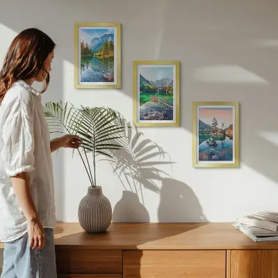 Conjunto de quadros com imagens lagos de montanha com águas e paisagens naturais