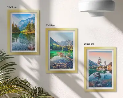 Conjunto de quadros com imagens lagos de montanha com águas e paisagens naturais