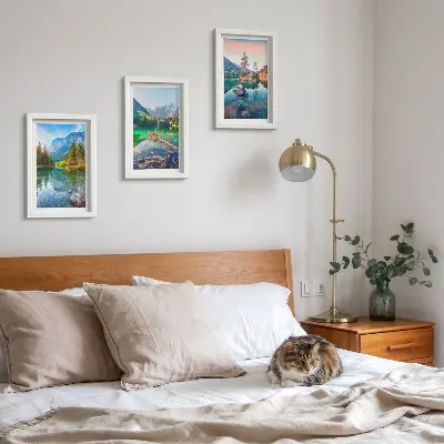 Conjunto de quadros com imagens lagos de montanha com águas e paisagens naturais