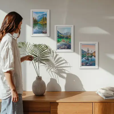 Conjunto de quadros com imagens lagos de montanha com águas e paisagens naturais
