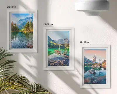 Conjunto de quadros com imagens lagos de montanha com águas e paisagens naturais
