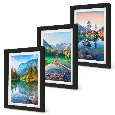 Conjunto de molduras com imagens Lagos de montanha com água e paisagens naturais circundantes.