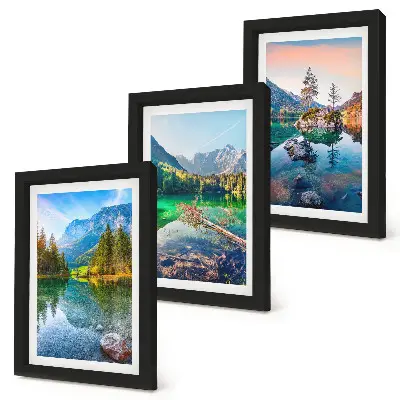 Conjunto de quadros com imagens lagos de montanha com águas e paisagens naturais