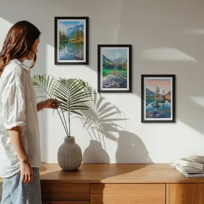 Conjunto de quadros com imagens lagos de montanha com águas e paisagens naturais