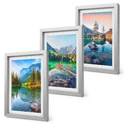 Conjunto de quadros com imagens lagos de montanha com águas e paisagens naturais