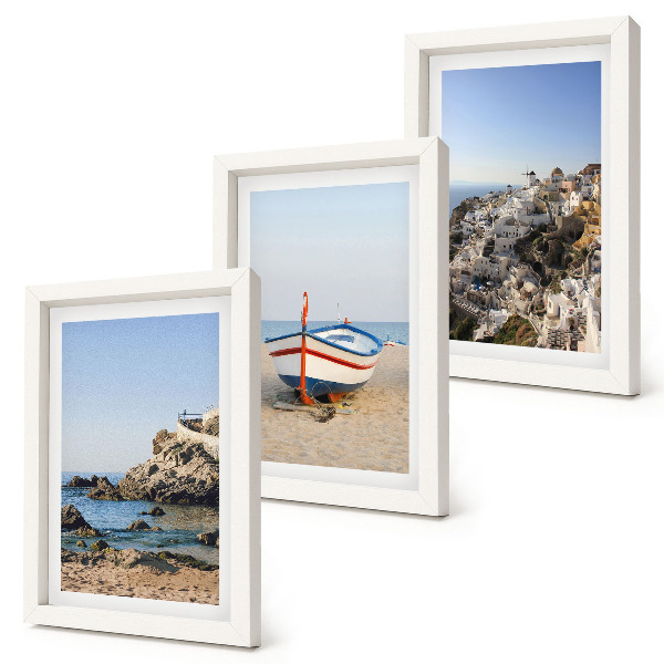 Conjunto de 3 quadros decorativos Vista para o mar com barco e casas brancas na Grécia