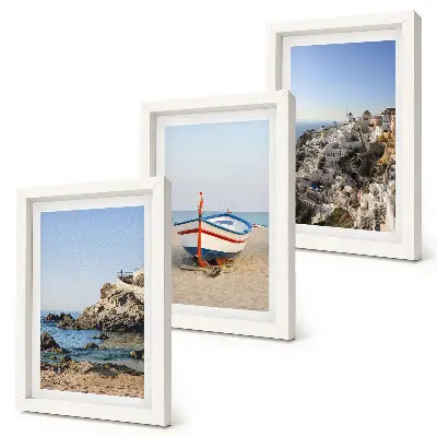 Conjunto de 3 quadros decorativos com vista para o mar, barco e casas brancas na Grécia