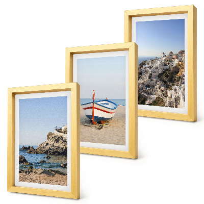 Conjunto de 3 quadros decorativos Vista para o mar com barco e casas brancas na Grécia