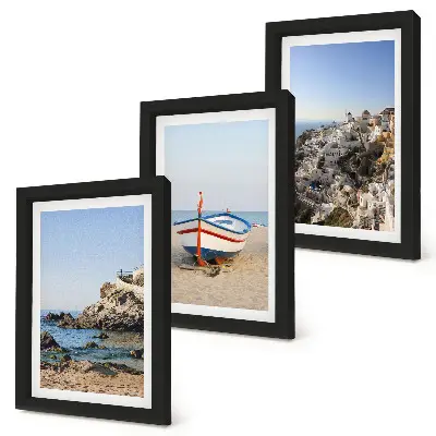 Conjunto de 3 quadros decorativos com vista para o mar, barco e casas brancas na Grécia