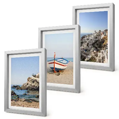 Conjunto de 3 quadros decorativos com vista para o mar, barco e casas brancas na Grécia