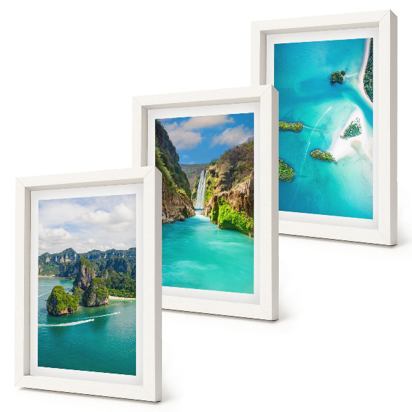 Conjunto de 3 quadros decorativos Paisagens tropicais com ilhas e águas turquesa.