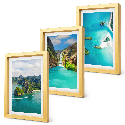 Conjunto de 3 quadros decorativos Paisagens tropicais com ilhas e águas turquesa.
