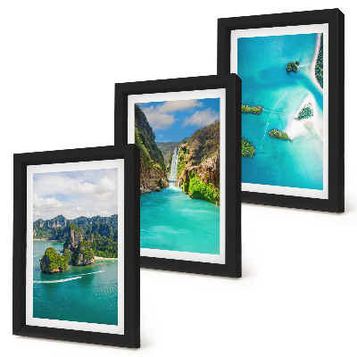 Conjunto de 3 quadros decorativos Paisagens tropicais com ilhas e águas turquesa.
